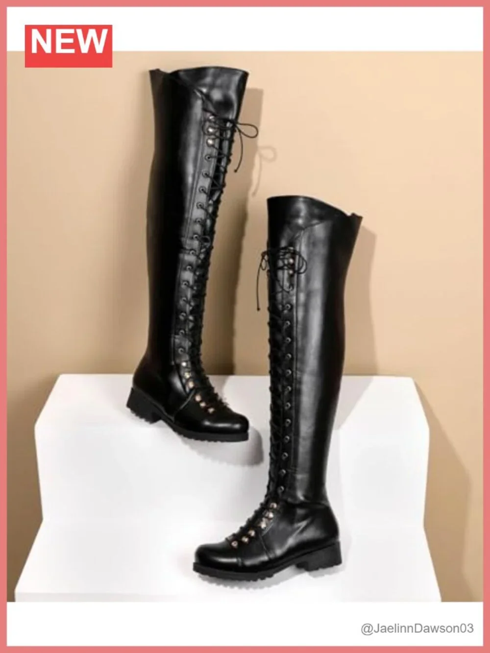 Women's Over the Knee Square Toe Faux Leather Boots Low Heel Side Zipper Lace Up